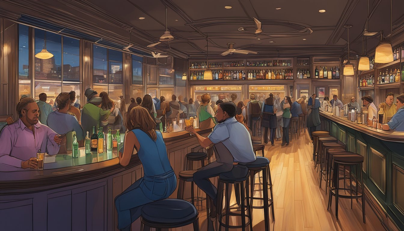 A bustling bar in Bar Central, Dallas with patrons enjoying drinks and socializing