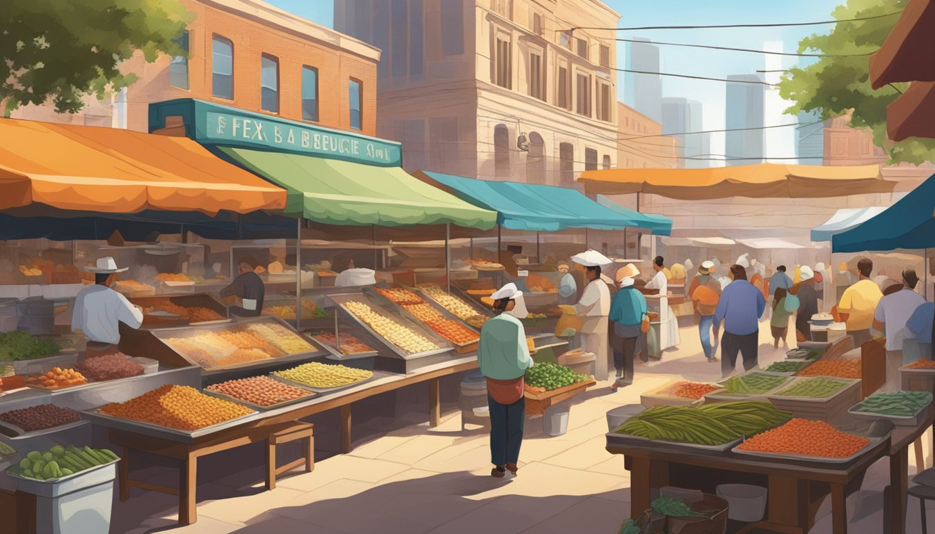 A bustling food market in Houston with colorful stalls offering a variety of cuisines, from Tex-Mex to barbecue to seafood. The aroma of sizzling meats and spices fills the air