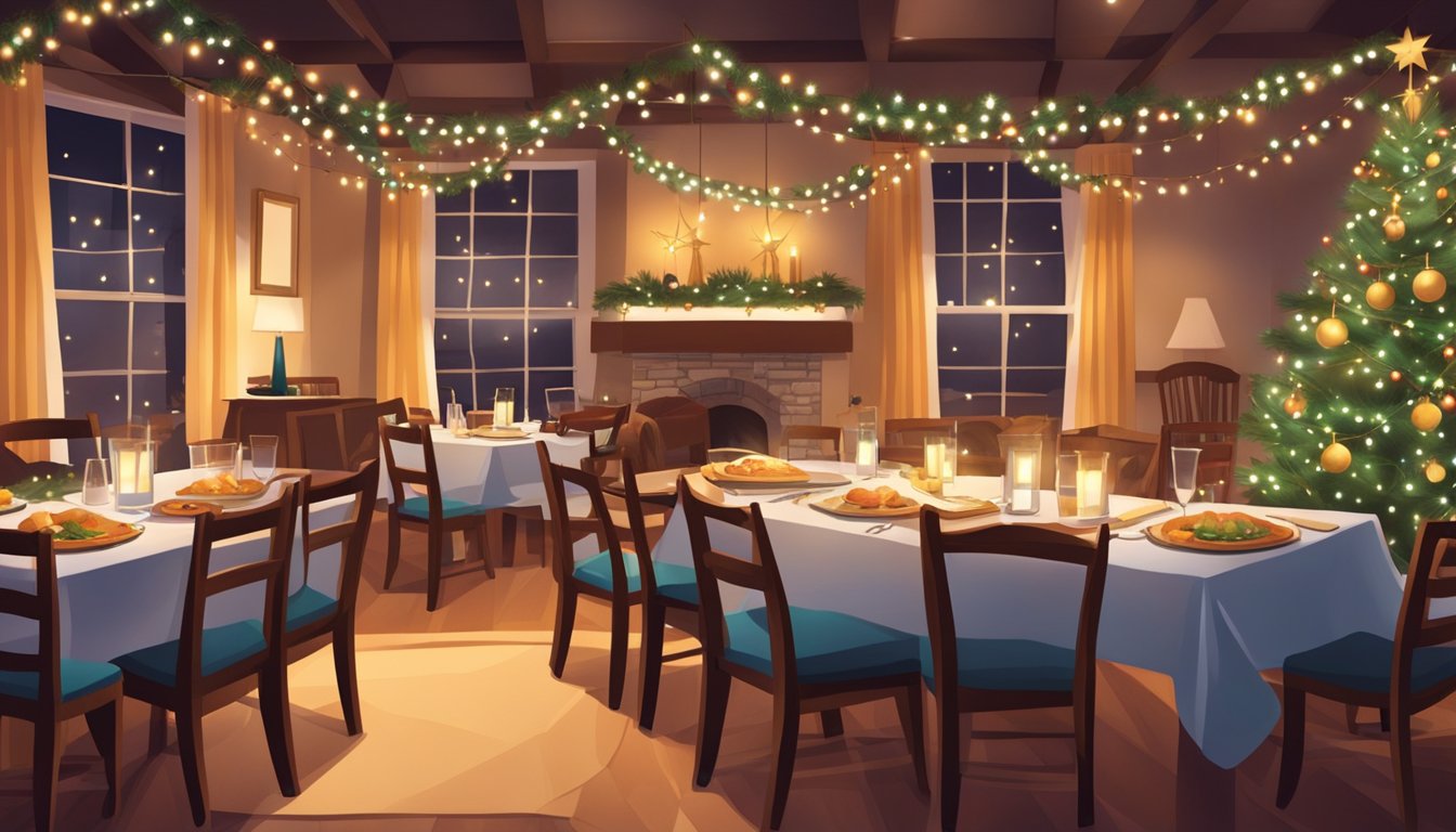 A festive dining scene in Texas with tables set for a holiday feast, surrounded by warm, inviting decor and twinkling lights