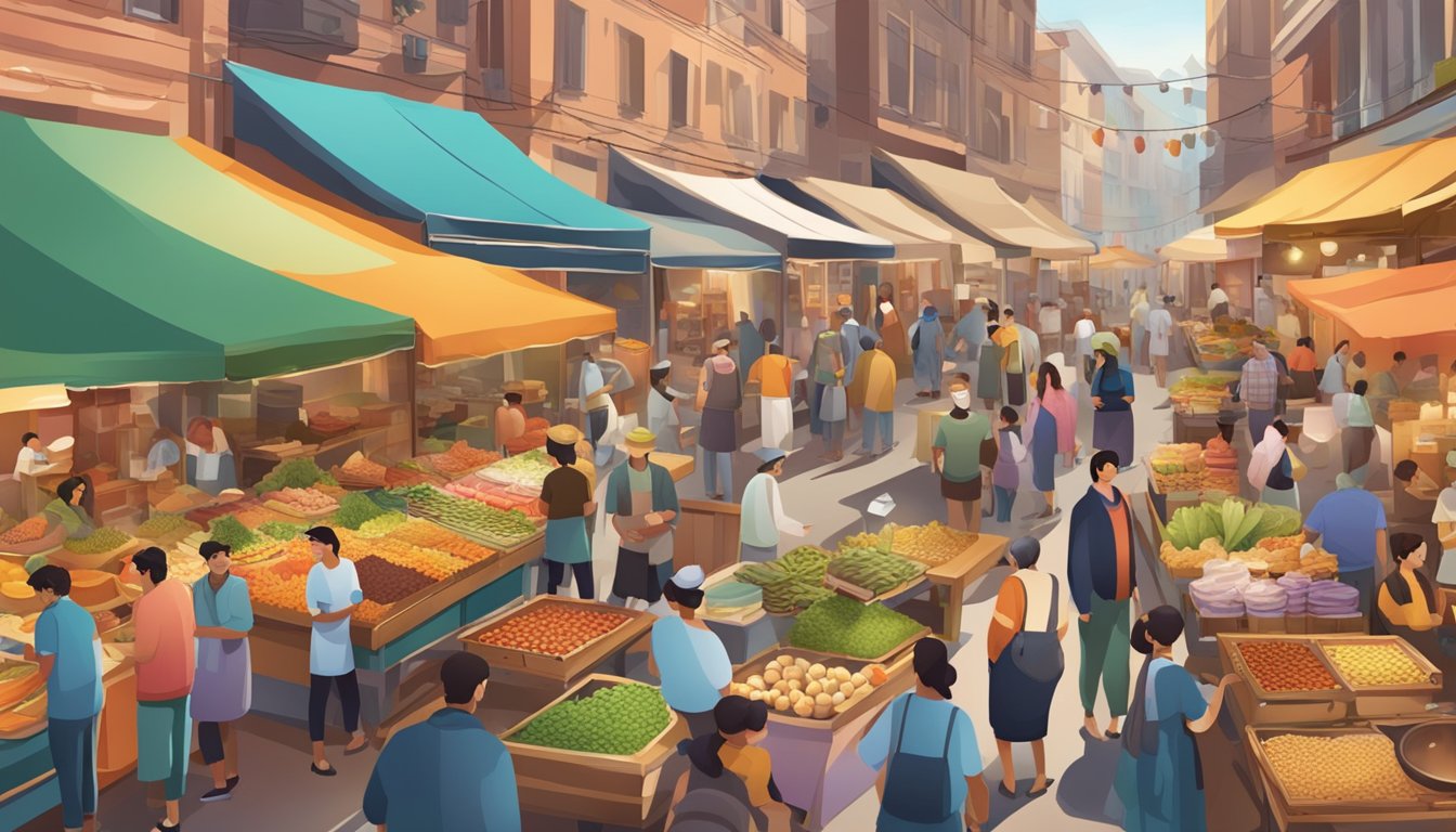 A bustling food market with colorful stalls and delicious aromas, surrounded by diverse patrons enjoying a variety of cuisines