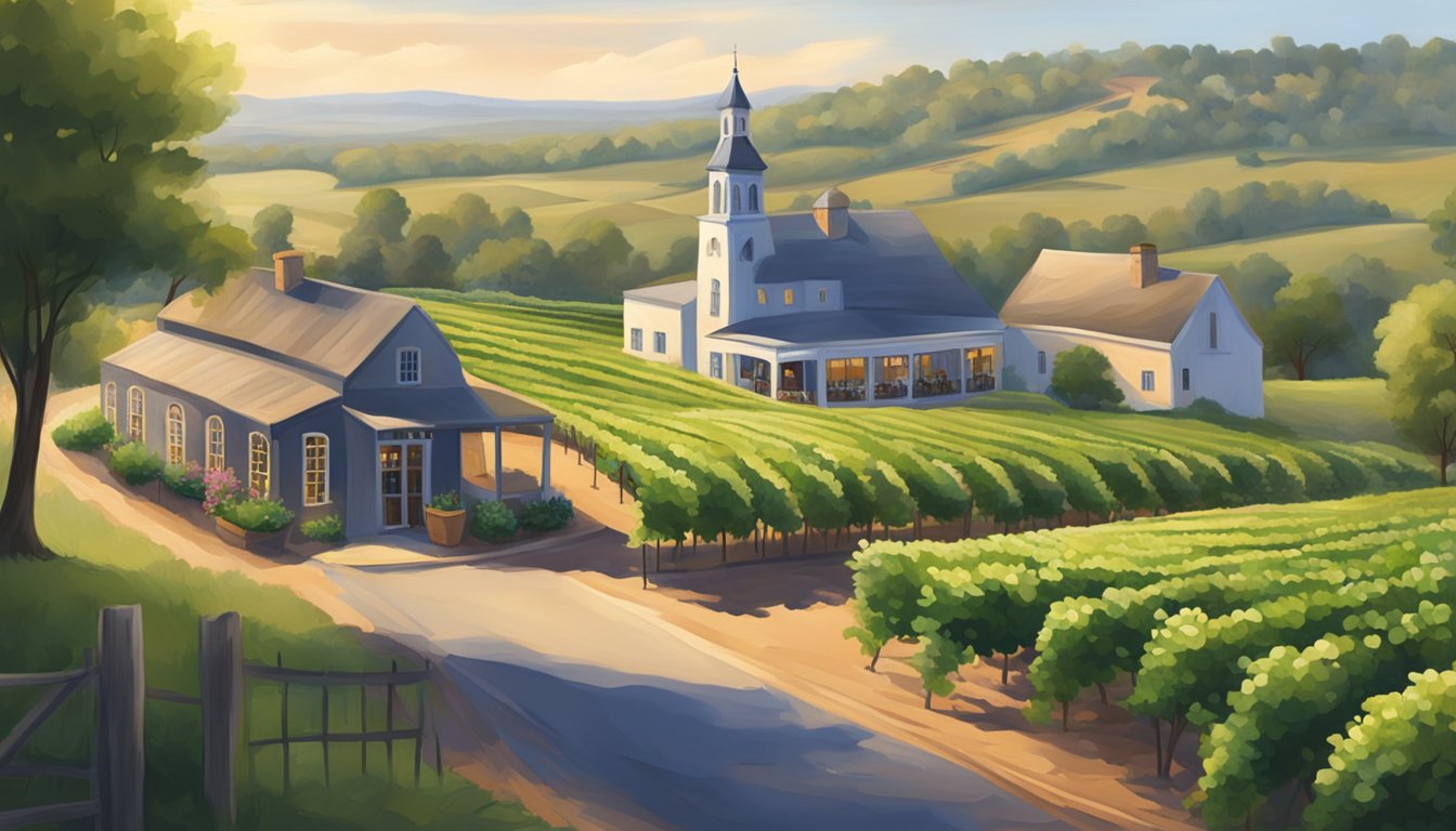 A serene landscape of rolling vineyards and cozy tasting rooms nestled in the picturesque town of Fredericksburg