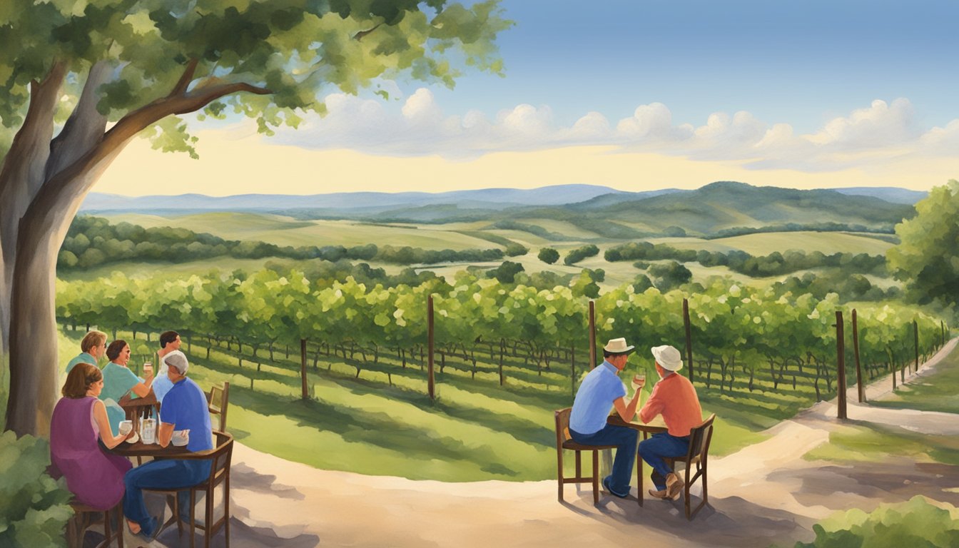 Visitors enjoy wine tasting at Pedernales Cellars and 6 other wineries in Fredericksburg, surrounded by lush vineyards and rolling hills