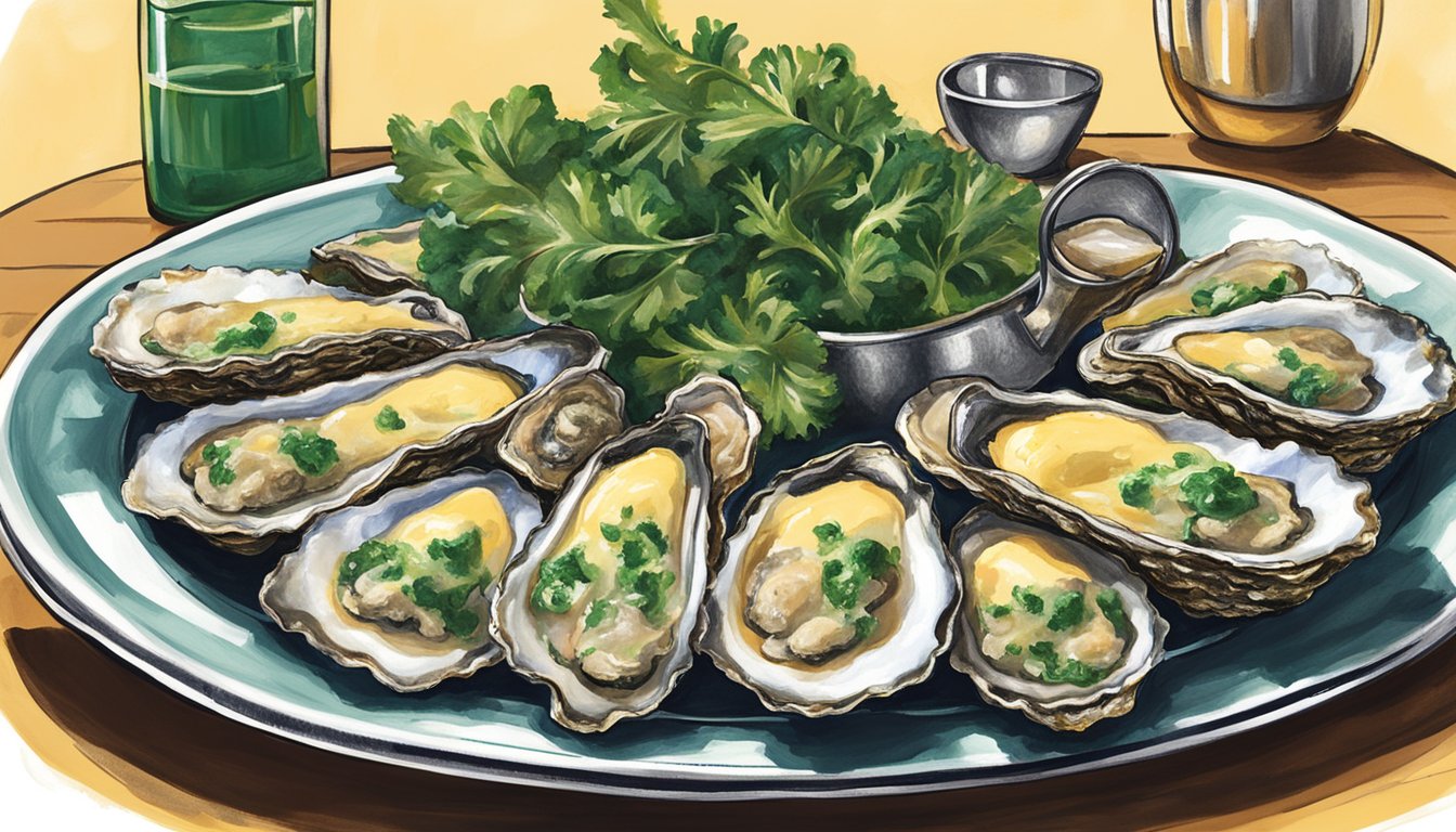 A platter of Oysters Rockefeller sits on a table at Doc’s Seafood & Steaks, surrounded by a coastal bend restaurant's vibrant and lively atmosphere