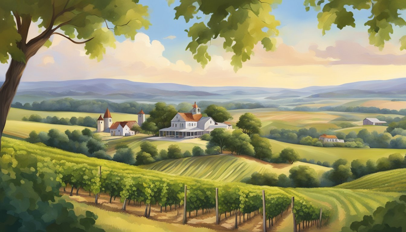 A picturesque countryside with rolling hills and vineyards, each winery nestled in the serene landscape of Fredericksburg