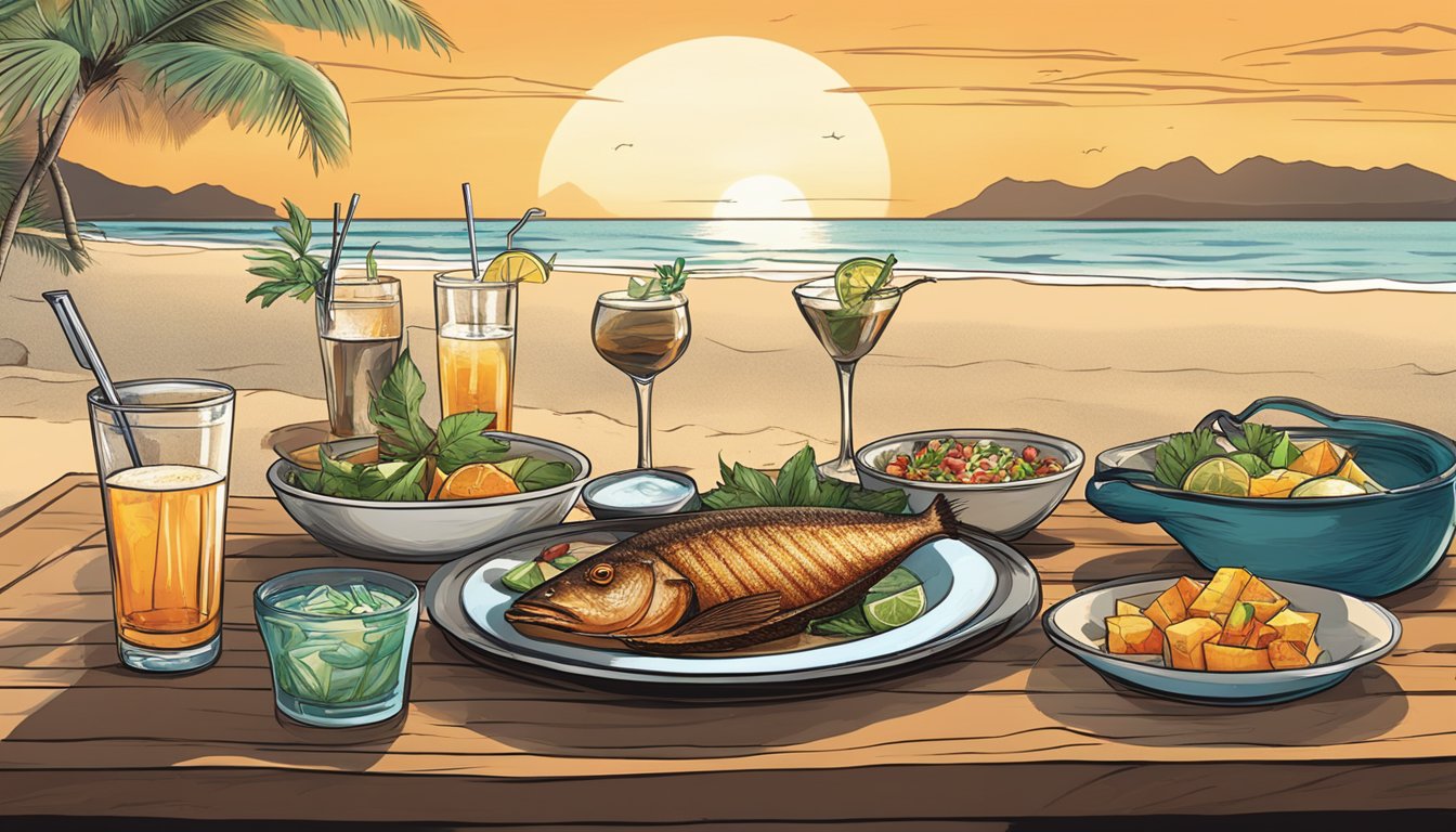 A sizzling blackened redfish dish is served on a beachfront table, surrounded by tropical cocktails and a view of the ocean