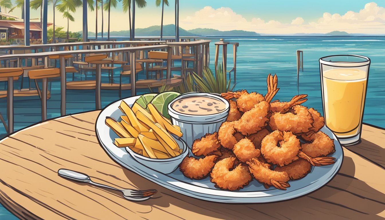 A plate of coconut shrimp with a side of fries and a small cup of dipping sauce on a table at Snoopy's Pier, with the ocean in the background