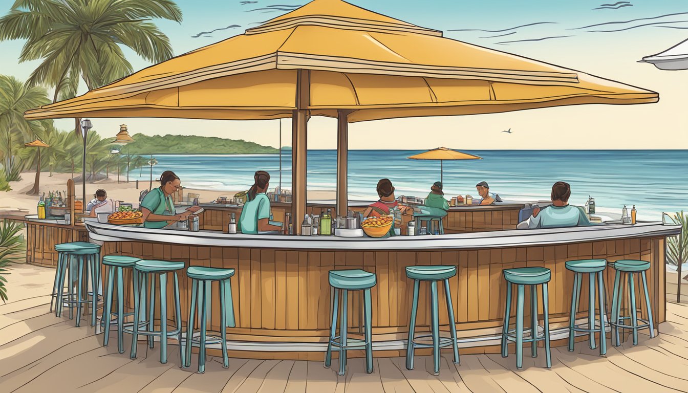 A beachside bar and grill with seafood enchiladas being served alongside the coast