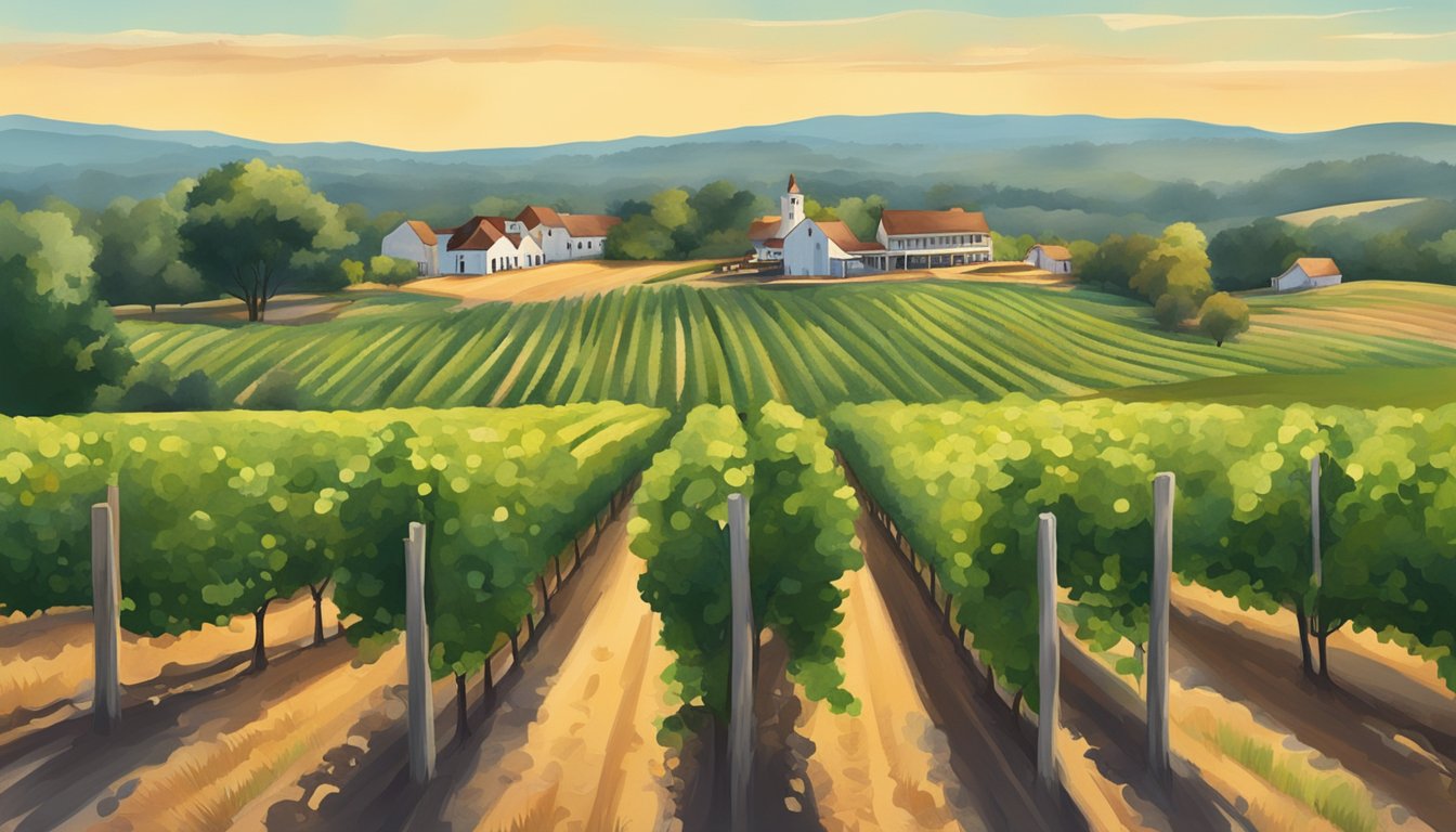 A serene countryside with rolling hills and rows of vineyards leading up to 7 rustic wineries nestled among the lush greenery of Fredericksburg