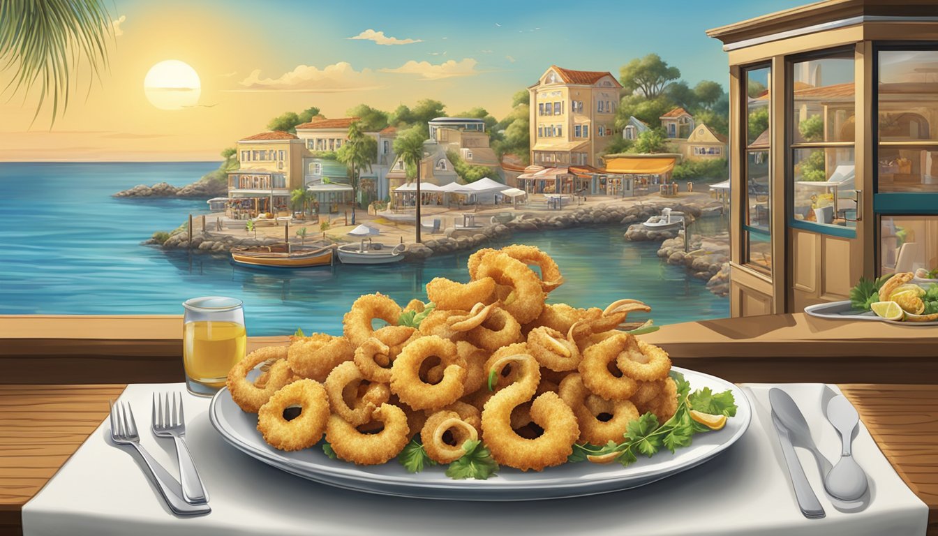 A table set with a plate of golden fried calamari, surrounded by vibrant coastal decor and the bustling atmosphere of The Boiling Pot restaurant