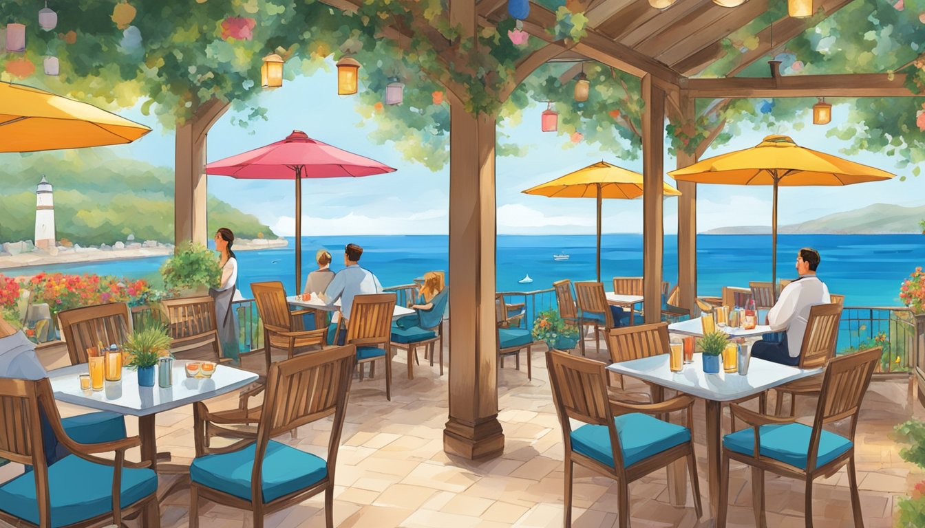 A charming outdoor patio with a view of the sea, surrounded by colorful umbrellas and filled with bustling diners enjoying Texan seafood