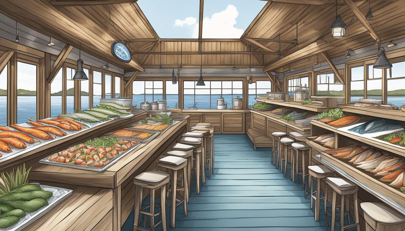 Six coastal restaurants with sustainable seafood sourcing, featuring a variety of fresh fish, shellfish, and other marine delicacies displayed on ice beds or in rustic wooden crates