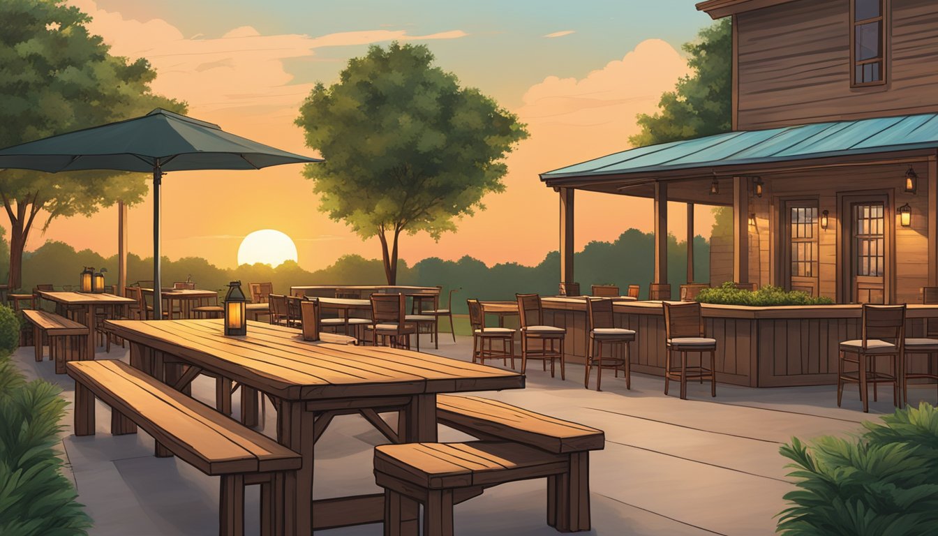 A rustic outdoor patio at Pecan Lodge, with wooden tables and chairs surrounded by lush greenery and a warm Texan sunset