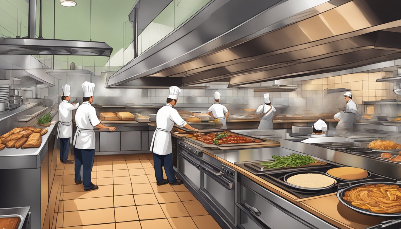 A bustling restaurant kitchen with wood-fired ovens and fresh ingredients being prepared by busy chefs