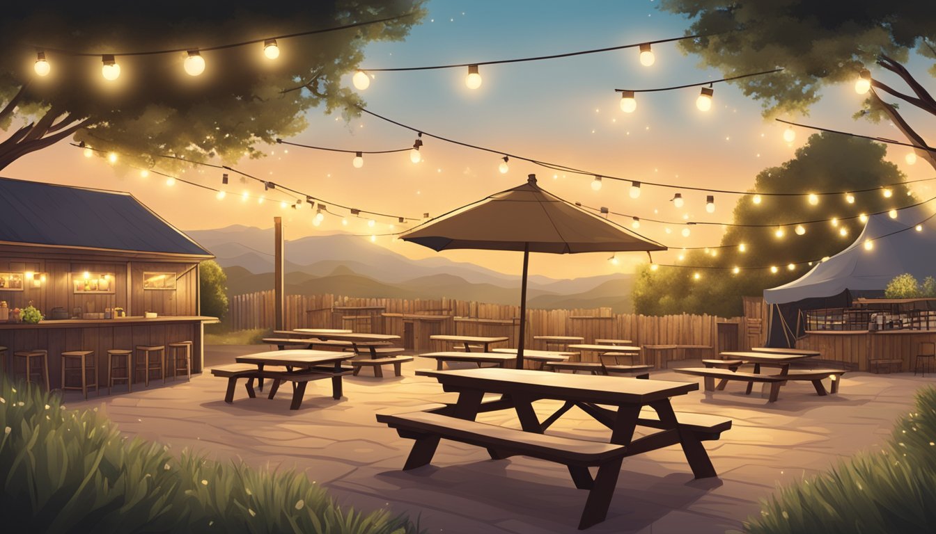 A rustic beer garden with picnic tables and string lights, surrounded by Texas landscape