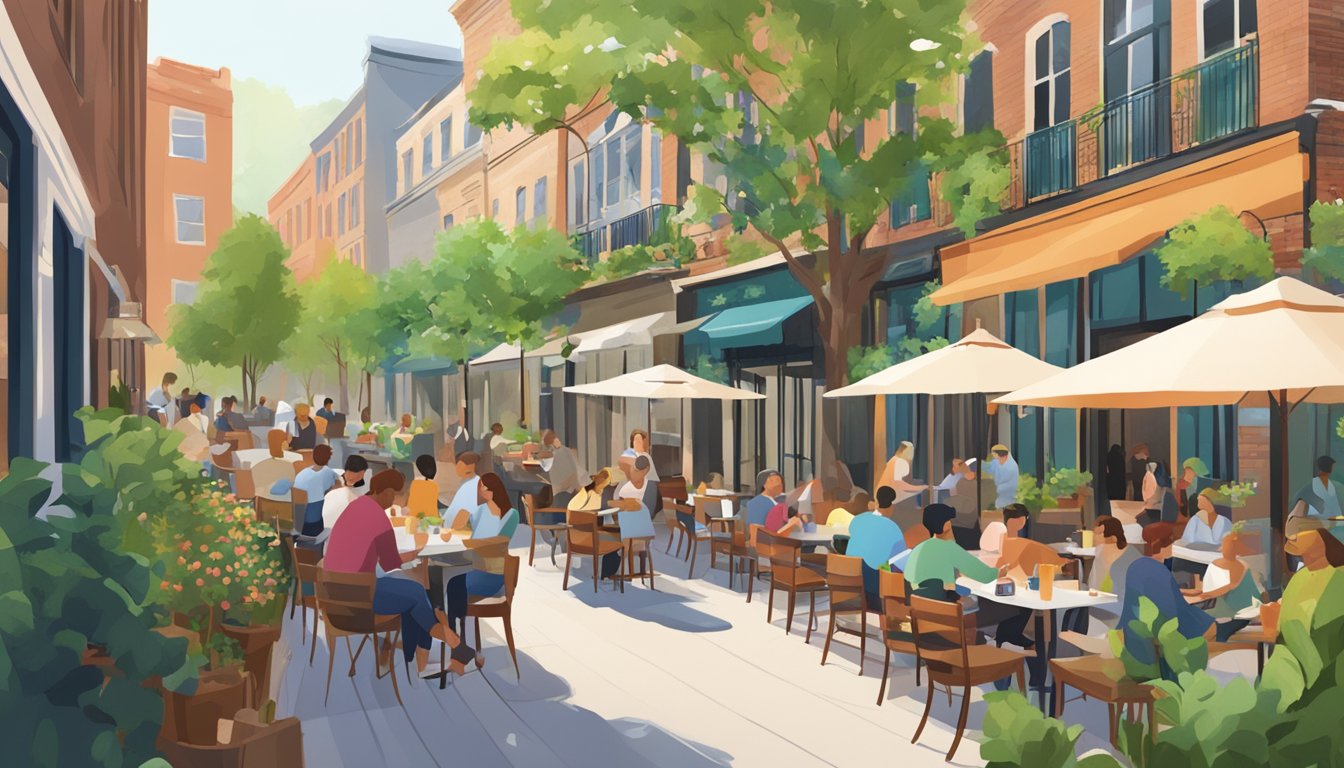 A bustling café with outdoor seating and vibrant greenery, surrounded by other restaurants in a college town