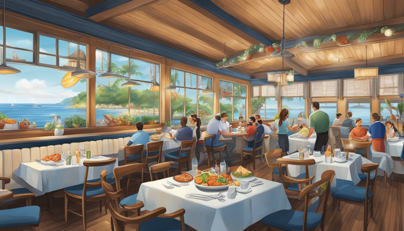 A bustling restaurant with a nautical theme, featuring fresh seafood and vibrant decor