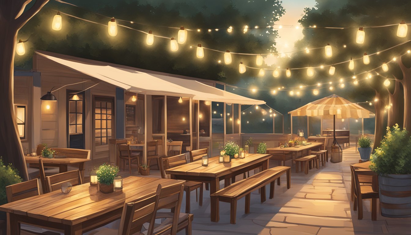 A rustic Texan al fresco dining scene with 10 great options, featuring wooden tables, string lights, and a warm, inviting atmosphere