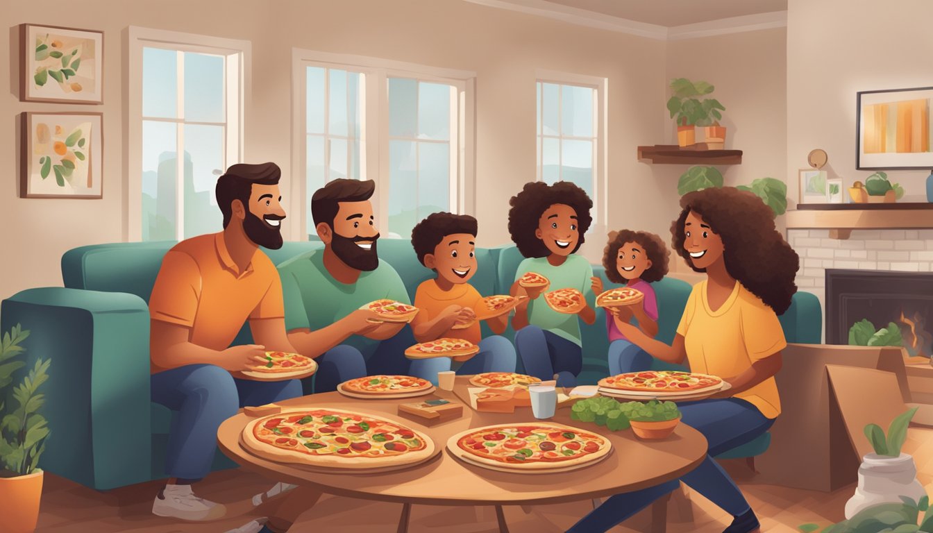 A cheerful family enjoying a pizza feast at home with seven takeout boxes from Joe's Pizza Special in Fort Worth, surrounded by cozy living room decor