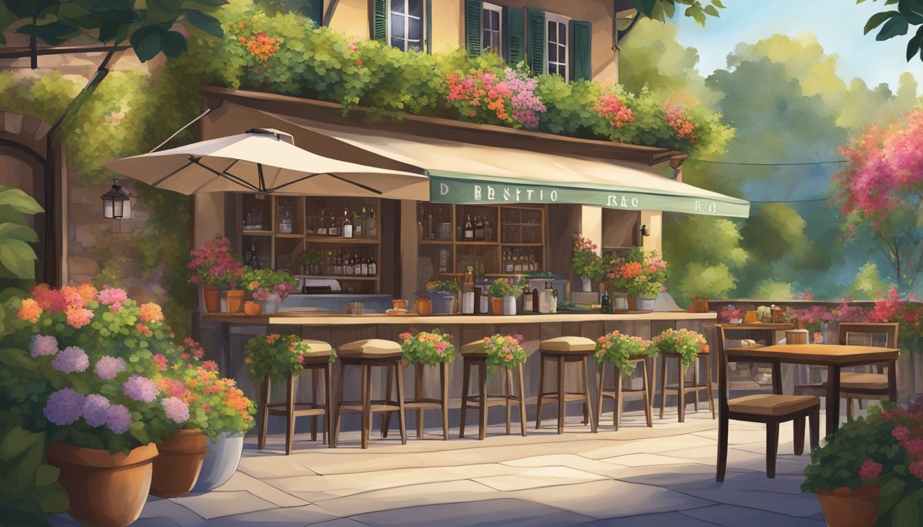 A cozy bistro with a rustic wine bar, surrounded by lush greenery and vibrant flowers, with a welcoming patio for outdoor dining