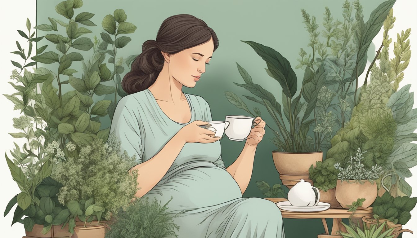 A pregnant woman holding a steaming cup of herbal tea, surrounded by various herbs and plants, with a concerned look on her face