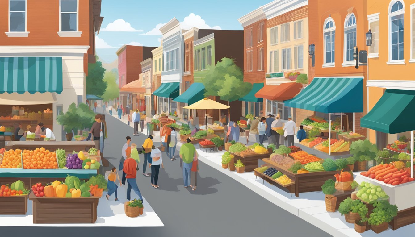 A bustling college town street lined with vibrant, farm-to-table restaurants, showcasing colorful produce and fresh ingredients in their outdoor displays