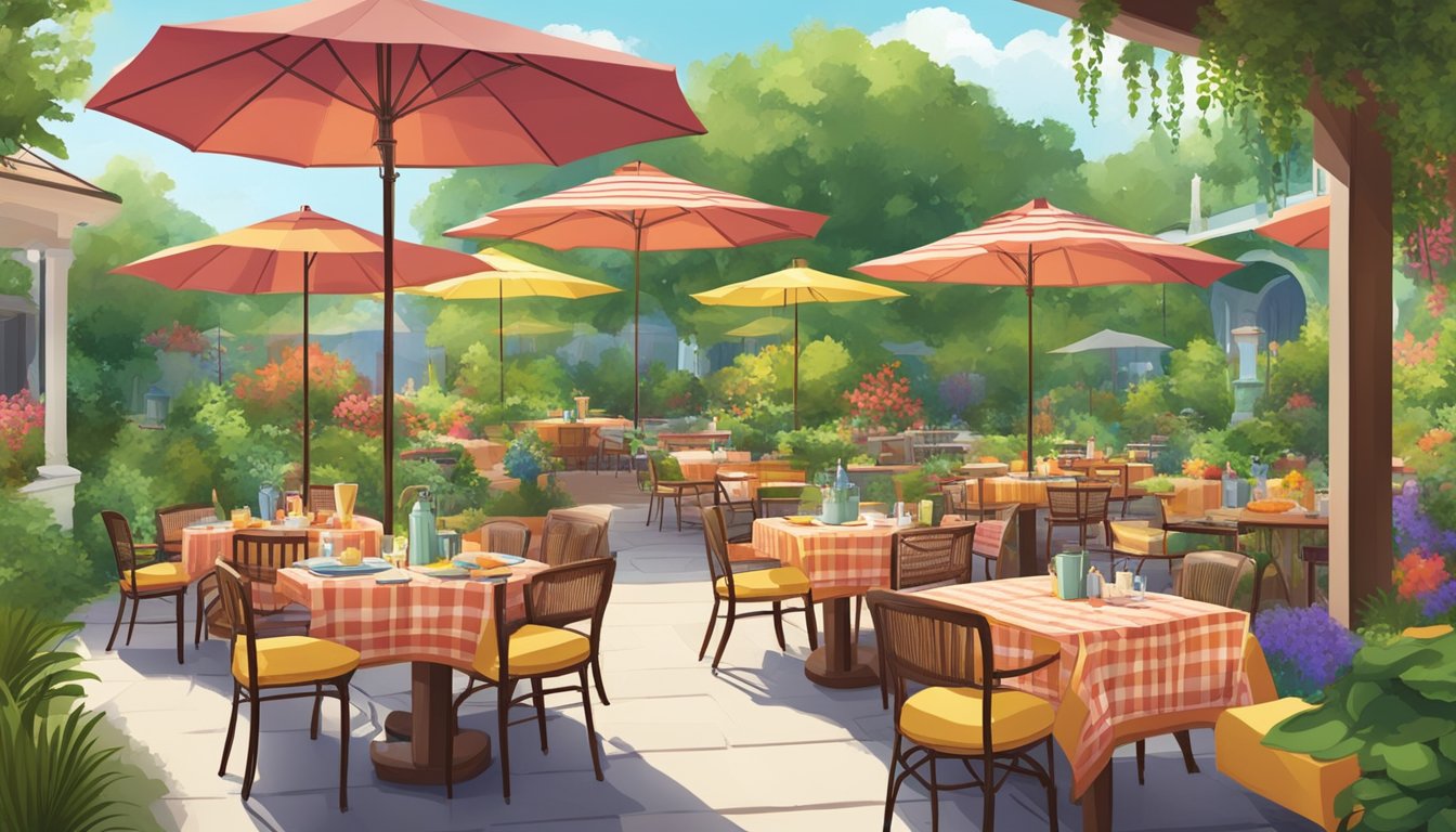 A sunny patio with colorful umbrellas, surrounded by lush greenery and Texan-inspired decor. Tables set with vibrant tablecloths and traditional Texan cuisine