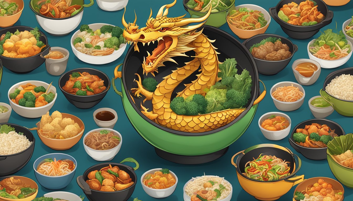 A dragon-shaped wok filled with a variety of take-out dishes, surrounded by seven smaller woks, each containing a different meal