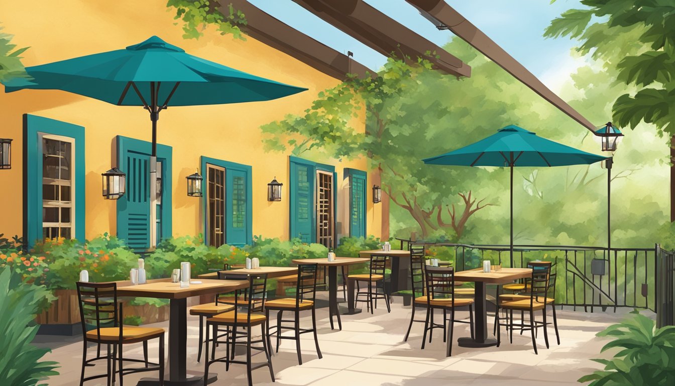 A sunny patio with colorful umbrellas, surrounded by lush greenery and Texan-style architecture, with tables set for outdoor dining at Matt's El Rancho