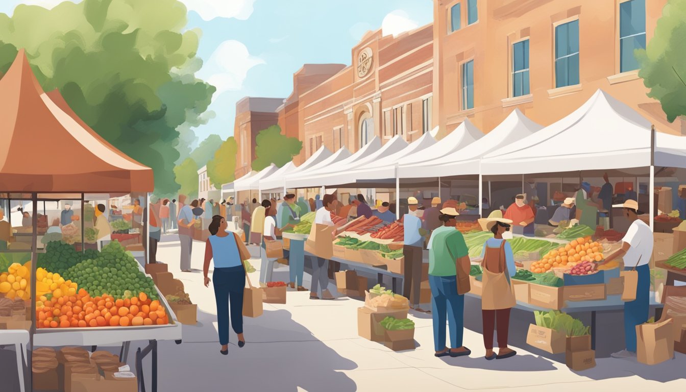 A bustling farmers market in College Station, with vendors proudly displaying their locally sourced fruits, vegetables, and meats