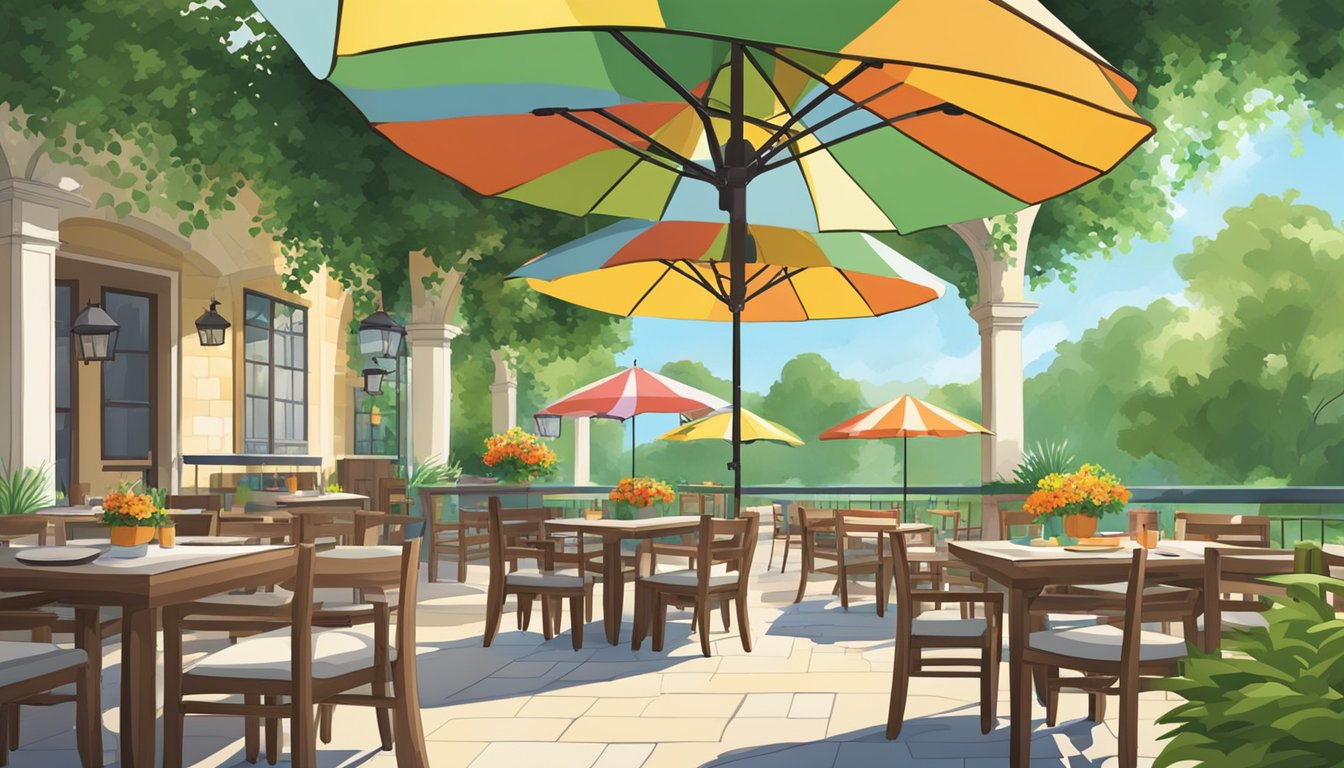 A sunny patio with colorful umbrellas, surrounded by lush greenery and Texas-themed decor. Tables set with checkered tablecloths and chairs for outdoor dining