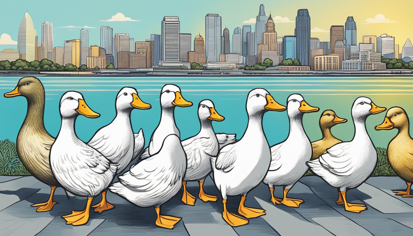 A group of quirky ducks gather in front of the Austin skyline, celebrating their James Beard award semi-finalist nominations