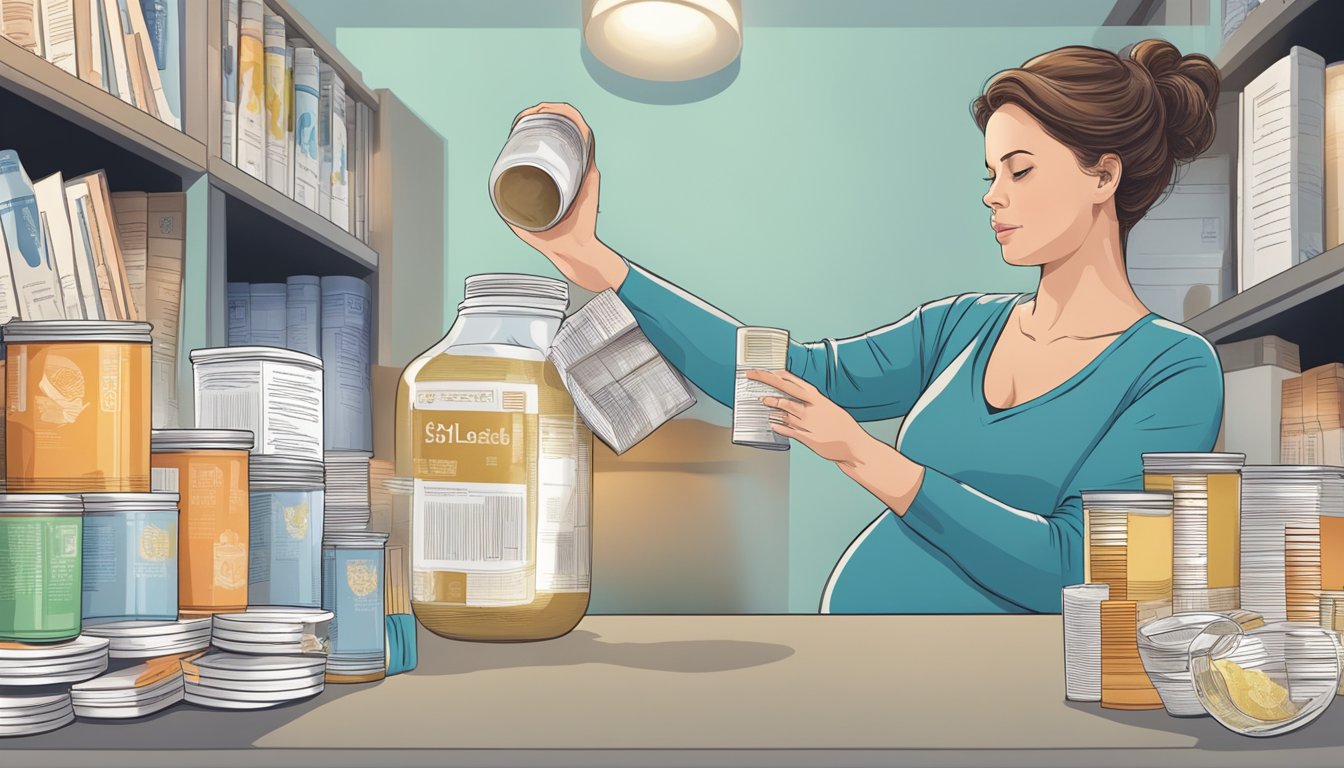 A pregnant woman reaching for a can of artificial sweetener, surrounded by conflicting research articles and medical journals