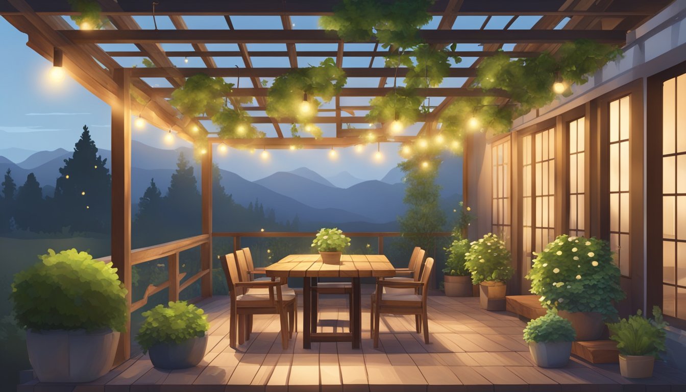 A cozy patio with string lights, wooden tables, and potted plants. A rustic wooden pergola provides shade, while a gentle breeze rustles the leaves