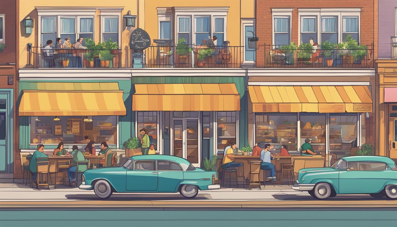 A bustling restaurant with colorful signage and a line of cars waiting for takeout. Tables are set up outside for customers to enjoy their meals