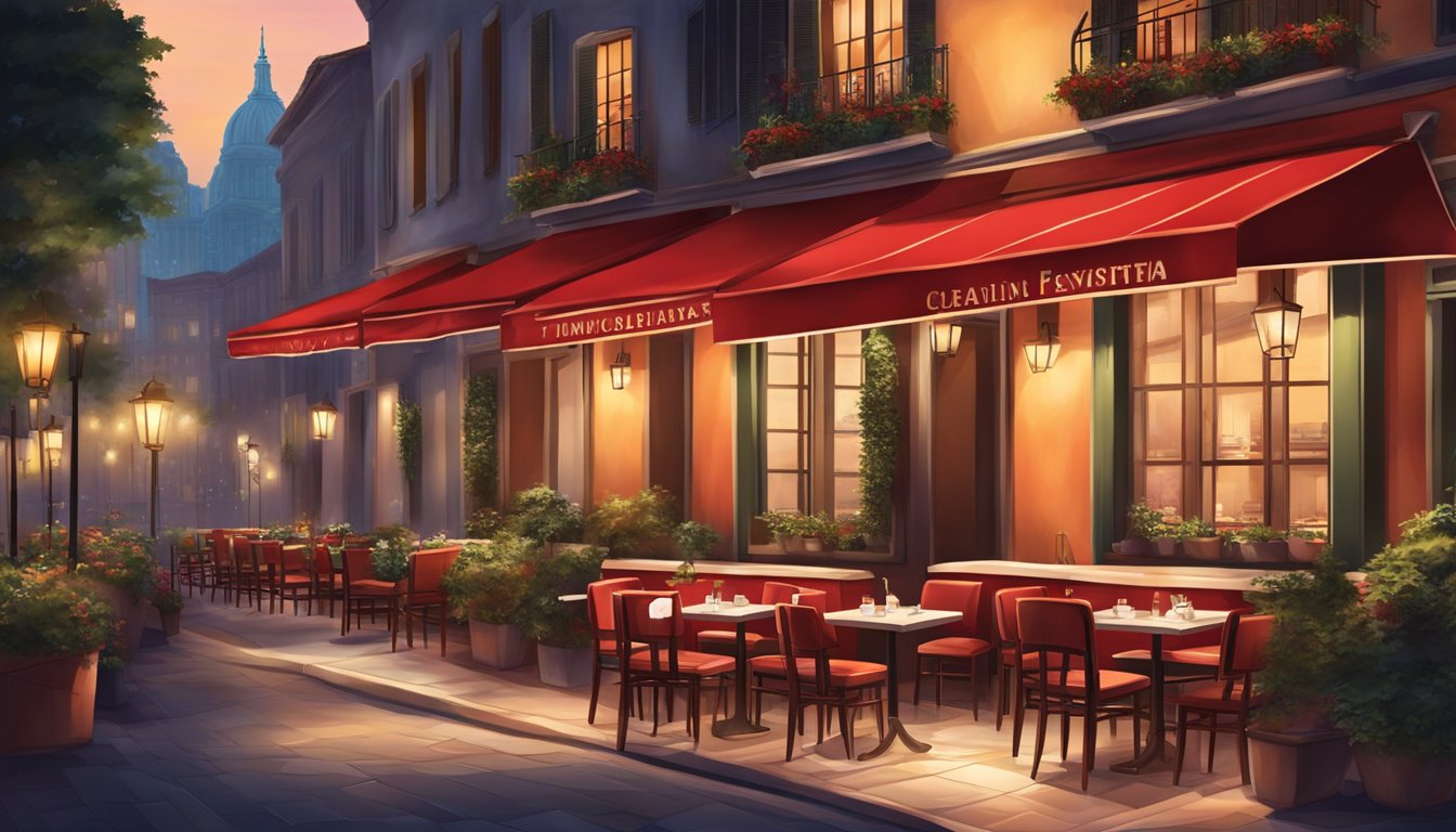 A cozy Italian restaurant with a red awning and outdoor seating, surrounded by tall buildings and twinkling city lights