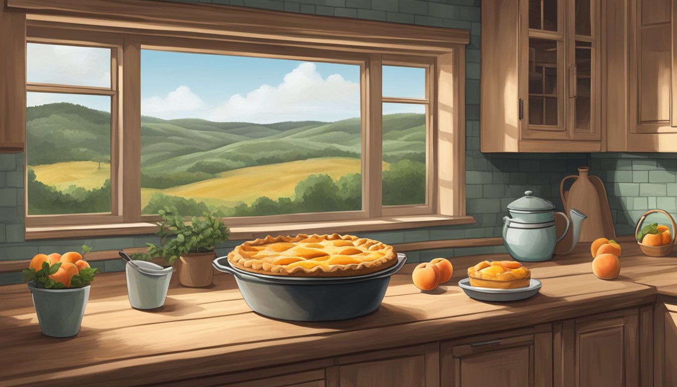 A rustic kitchen with a freshly baked peach pie cooling on a windowsill, overlooking the rolling hills of the Texas Hill Country