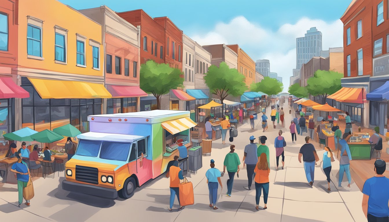 A bustling street lined with colorful food trucks and restaurants offering take-out options in Fort Worth during the Covid-19 pandemic