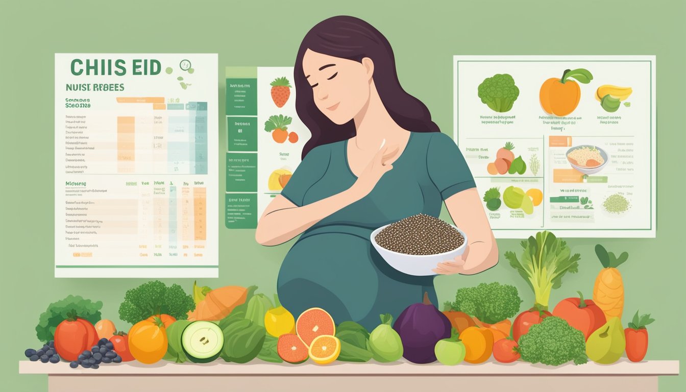 A pregnant woman holding a bowl of chia seeds, surrounded by various fruits and vegetables, with a nutritional chart in the background