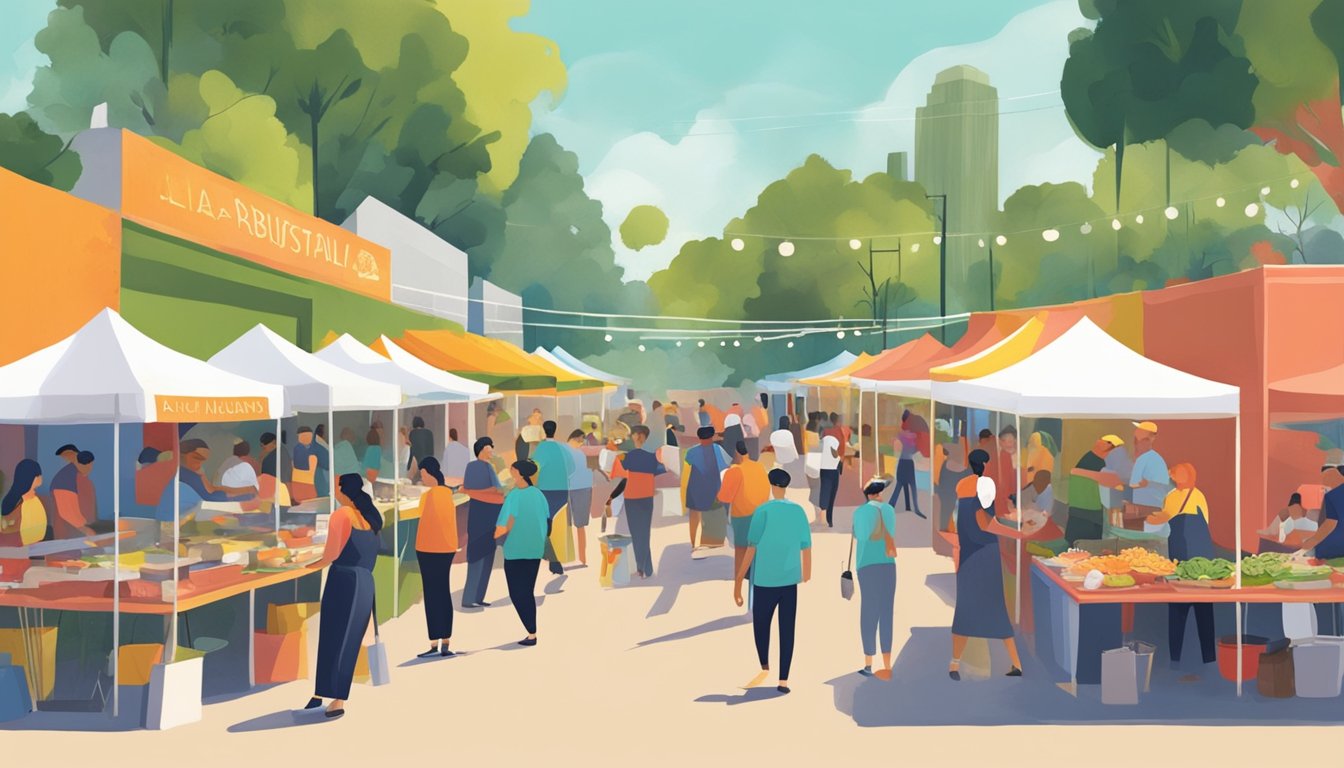 A bustling outdoor food festival in La Condesa, Austin, with colorful food stalls and chefs preparing dishes