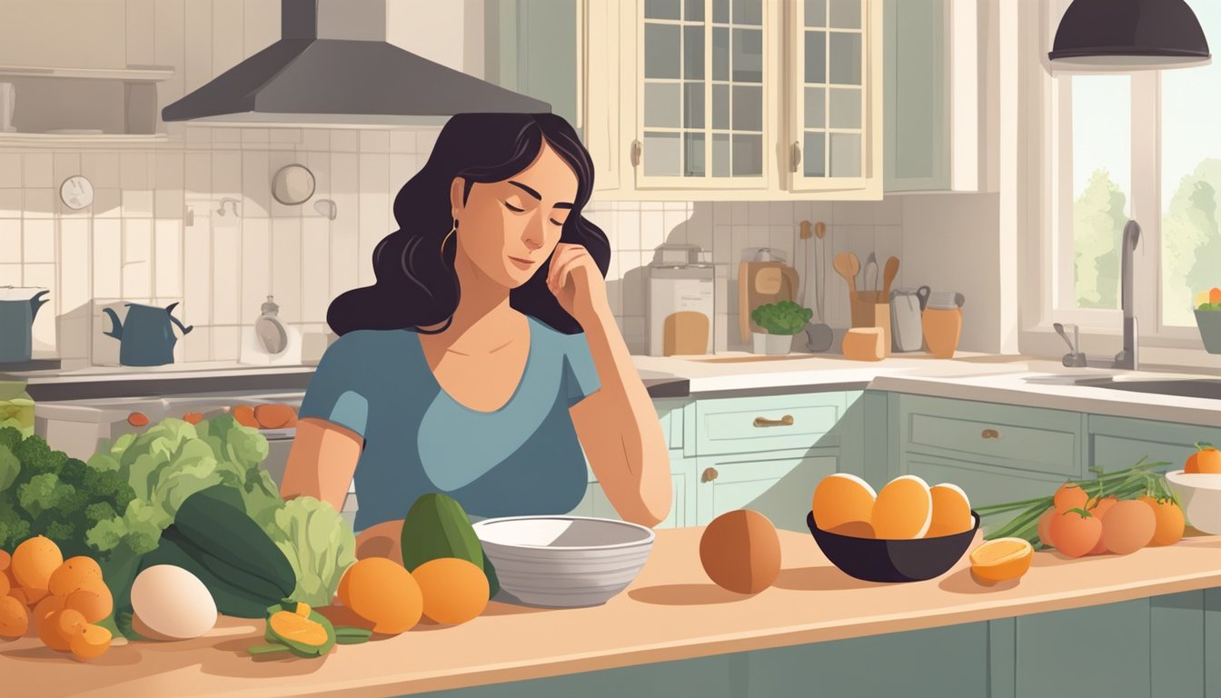 A carton of raw eggs sits on a kitchen counter next to a bowl of fresh fruits and vegetables. A pregnant woman looks at the eggs with uncertainty