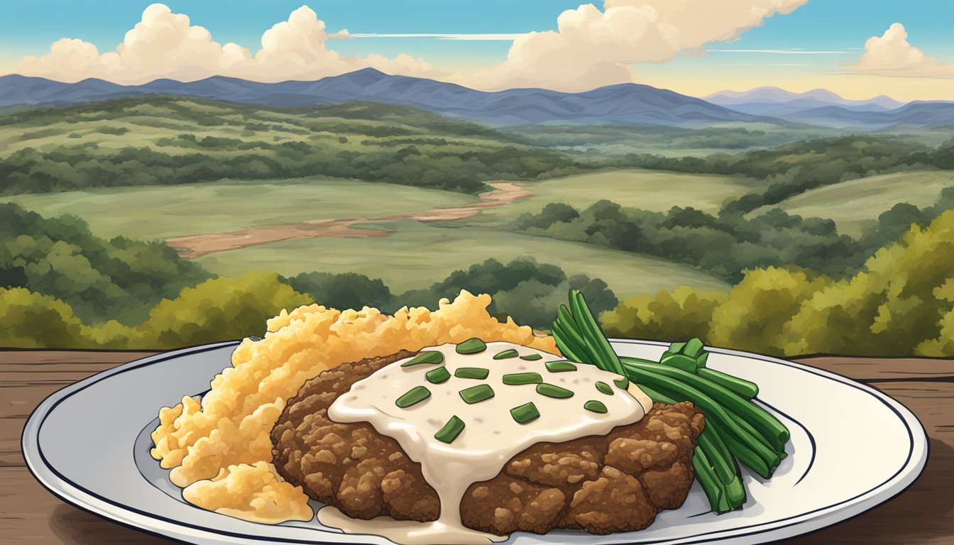 A sizzling country fried steak with creamy gravy, surrounded by rustic Texas hill country scenery