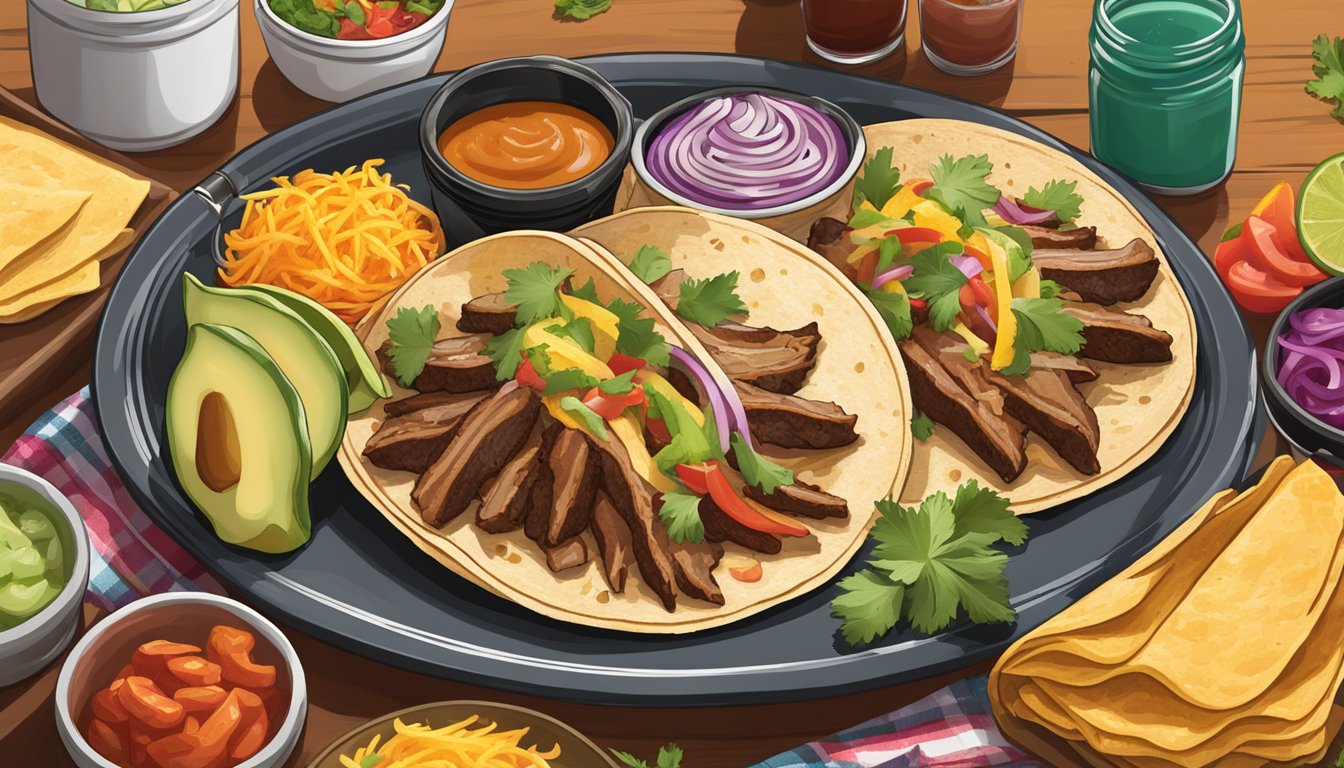 A sizzling skillet of smoked brisket tacos surrounded by colorful garnishes and accompanied by a variety of Texas-inspired condiments