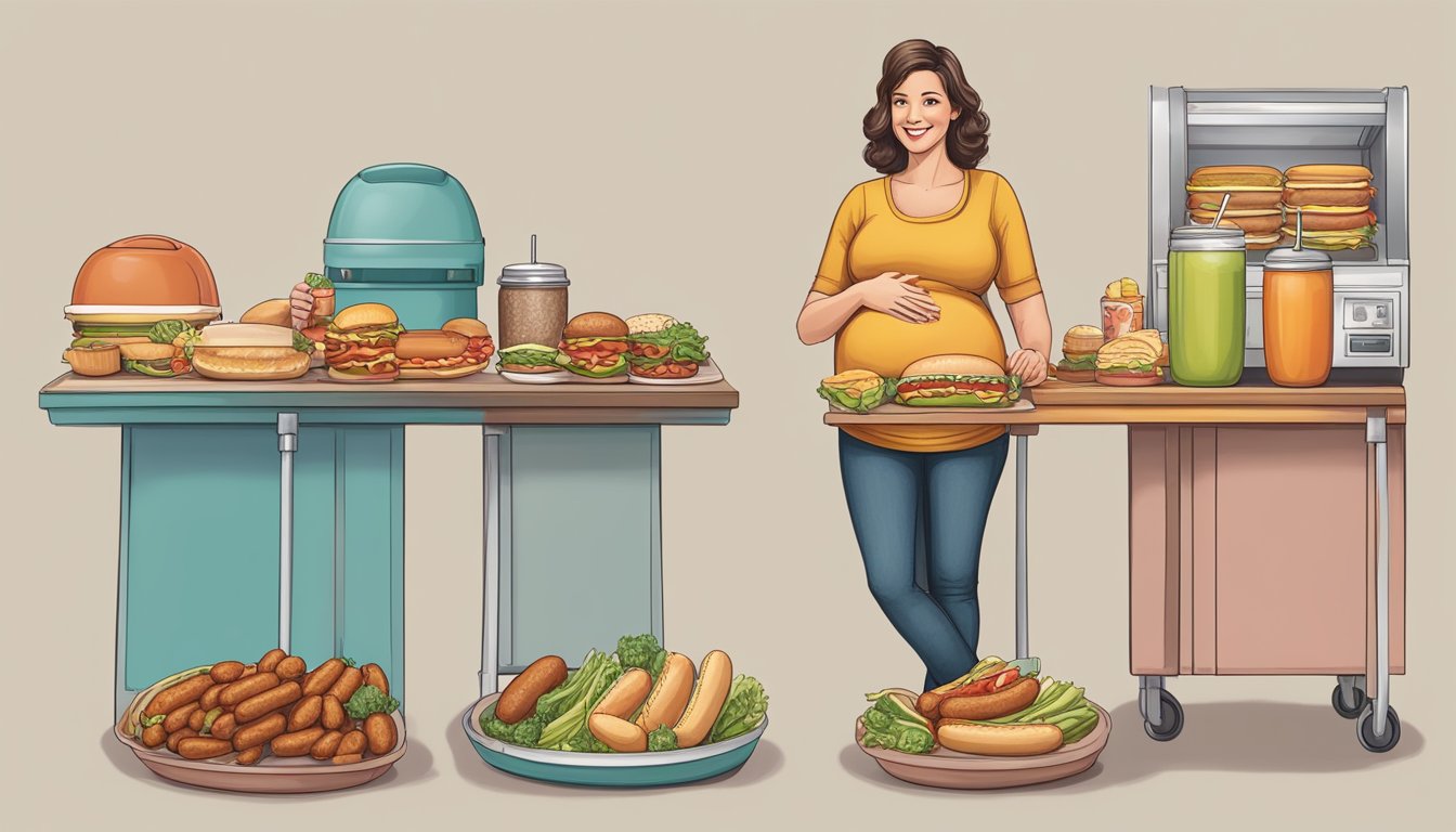 A pregnant woman standing in front of a table with various options for alternative hot dog choices, such as veggie dogs, turkey dogs, and tofu dogs