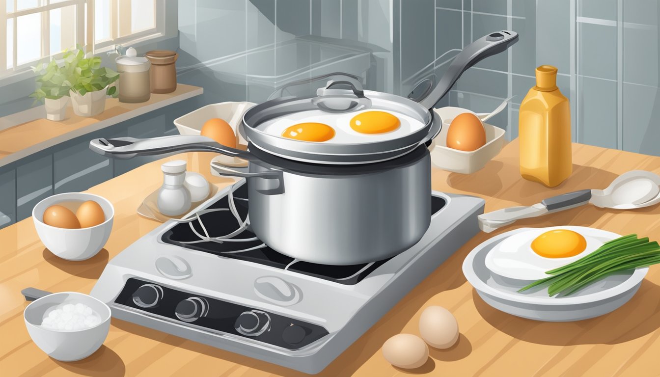 A clean kitchen counter with a carton of eggs, a bowl, and a whisk. A thermometer and a pot of boiling water on the stove