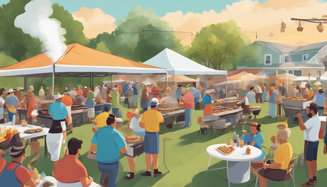 A bustling outdoor BBQ event with chefs grilling, smoke rising, and a crowd of people enjoying the Texas-themed festivities