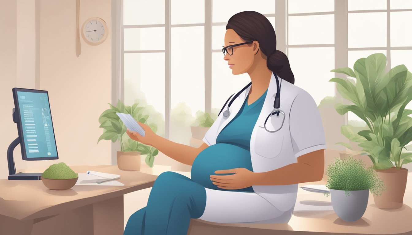 A pregnant woman consulting with a healthcare professional about chia seeds. The professional is providing information and guidance while the woman listens attentively