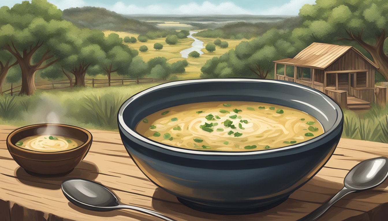 A steaming bowl of Gruene Onion Soup surrounded by rustic Texas hill country scenery