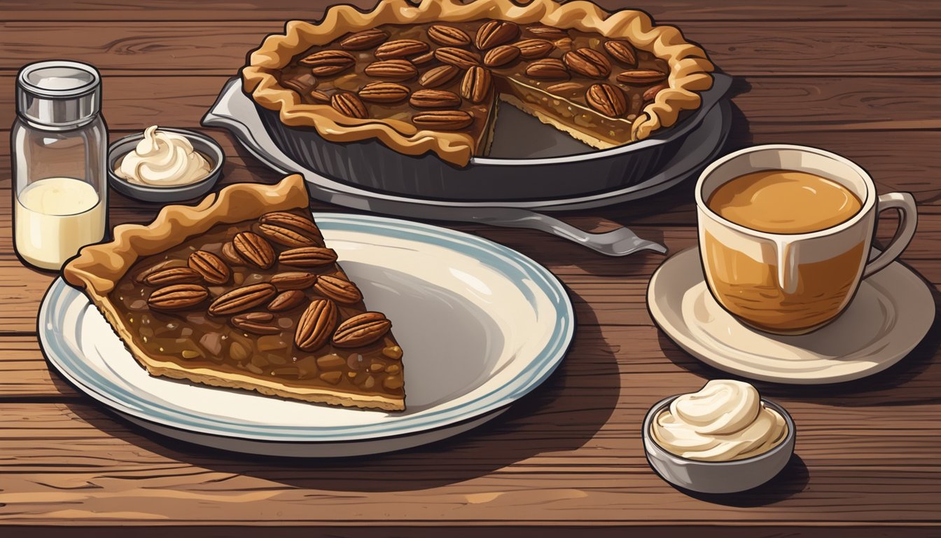 A freshly baked pecan pie sits on a rustic wooden table, accompanied by a dollop of bourbon-infused cream. A collection of Texas food tips from local chefs surrounds the dessert