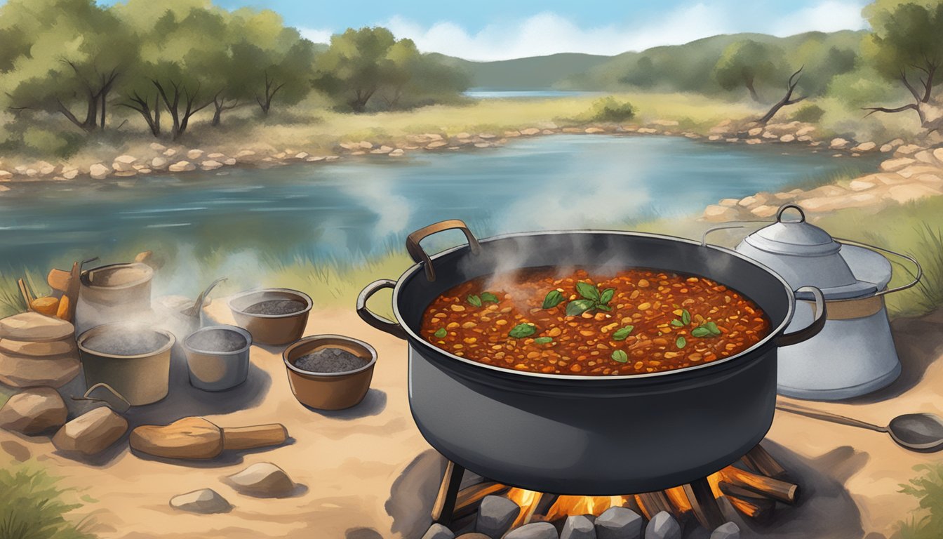 A rustic outdoor cook-off with a bubbling cauldron of venison chili simmering over an open flame by the Pedernales River in the Texas Hill Country