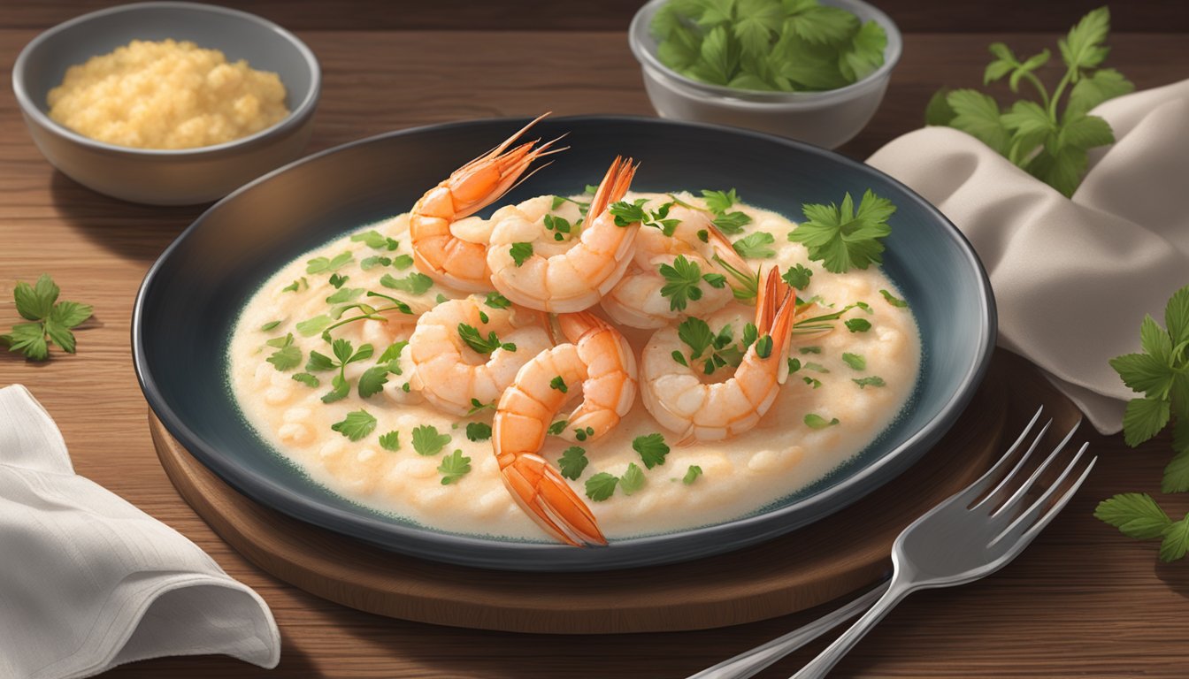 A steaming plate of Gulf shrimp and creamy grits, garnished with fresh herbs and spices, sits on a rustic wooden table